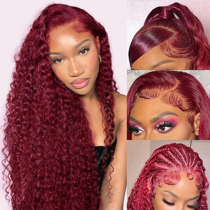 99J Burgundy Lace Front Wigs Human Hair 13x6 Deep Wave HD Lace Frontal Wigs Pre Plucked Human Hair Curly Wigs for Women 36 Inch