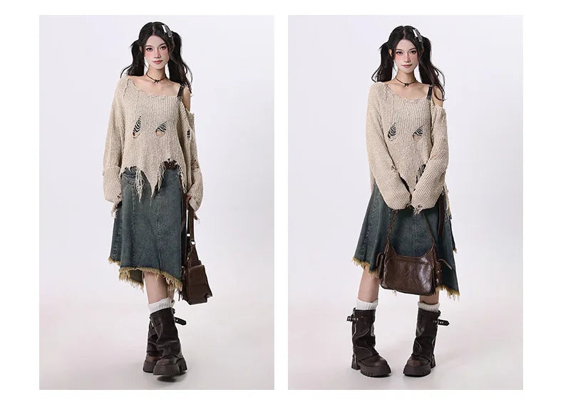 Summer Women Japanese Midi Skirt Denim Irregular Skirt A-line 2000s Abi Y2k Korean Shoujo E-girl Gyaru Tassels Skirt Cyber Punk