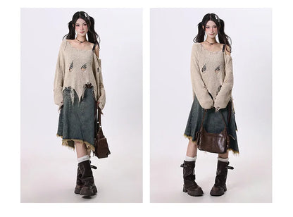 Summer Women Japanese Midi Skirt Denim Irregular Skirt A-line 2000s Abi Y2k Korean Shoujo E-girl Gyaru Tassels Skirt Cyber Punk