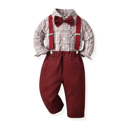 Boy Autumn Cotton Long Sleeve Plaid Shirt and Strap Pants Set Boys' Strap Pants Set Boy Red Pants and Shirts for 70cm-160cm