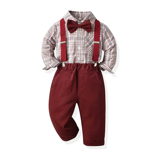 Boy Autumn Cotton Long Sleeve Plaid Shirt and Strap Pants Set Boys' Strap Pants Set Boy Red Pants and Shirts for 70cm-160cm