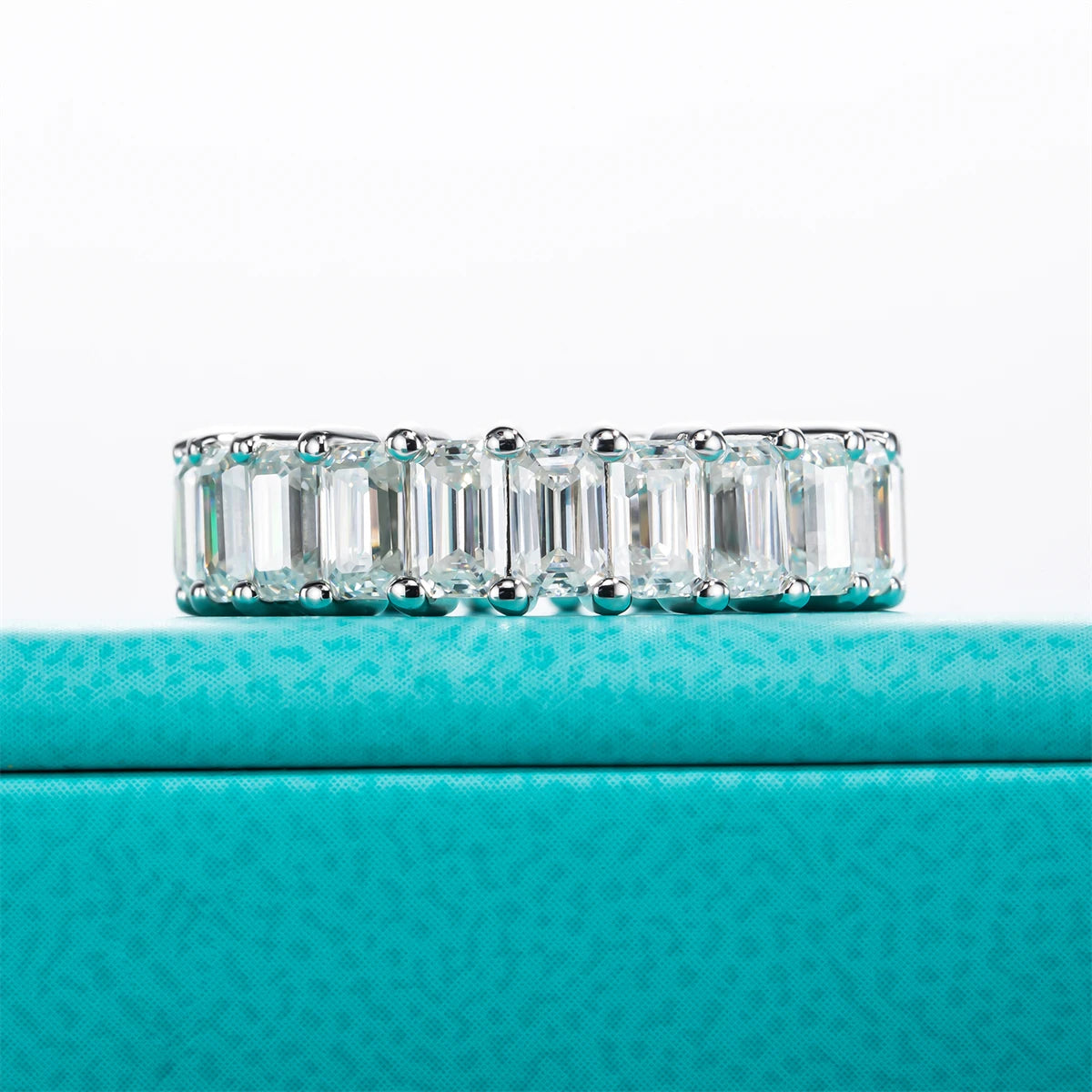 3*5mm 8.1cttw Emerald Moissanite Eternity Ring 925 Sterling Silver D Color Created Diamond Wedding Band Ring For Women