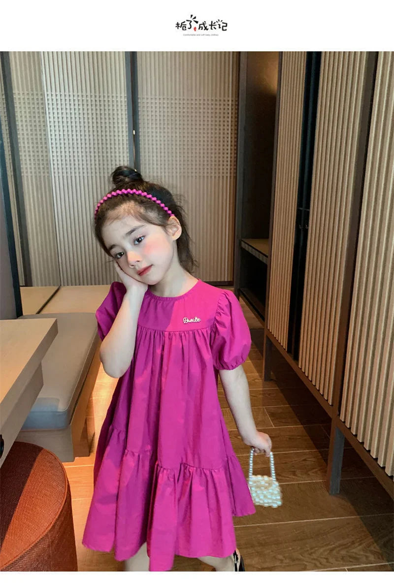 New Girls Princess Dress 2026 Summer Children Loose Sweet Rose Red Dress Kids Short Sleeve Patchwork Dress 2-8 Years
