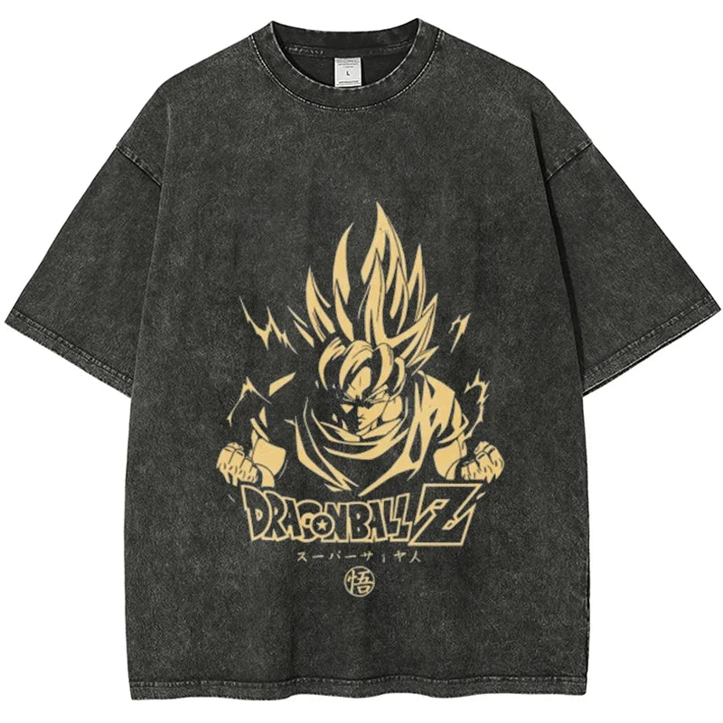Vintage Washed Men's T Shirts Dragon Ball Goku Saiyan Anime Printed Summer Women's Oversized Short Sleeve Tees Y2k Clothes Tops