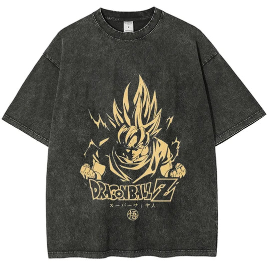 Vintage Washed Men's T Shirts Dragon Ball Goku Saiyan Anime Printed Summer Women's Oversized Short Sleeve Tees Y2k Clothes Tops