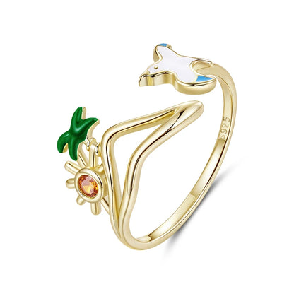 925 Sterling Silver Seagull & Island Open Ring, Adjustable Beach Vacation Rings Boho Style Jewelry with Green Palm