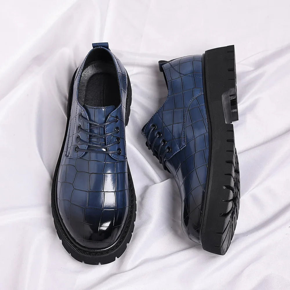 Business Formal Big Head Leather Shoes Men Spring Autumn Fashion Platform Shoes Male Lace Designer Stone Pattern Dress Shoes Man