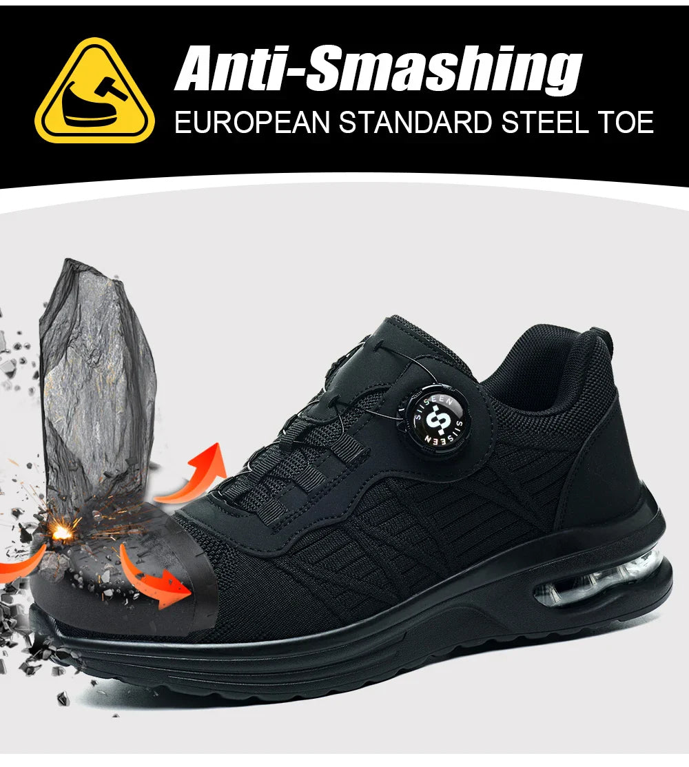 Men's Safety Shoes Steel Toe Anti- Crush Puncture Resistant Kevlar Pure Black Button Air Cushion Lightweight Work Shoes