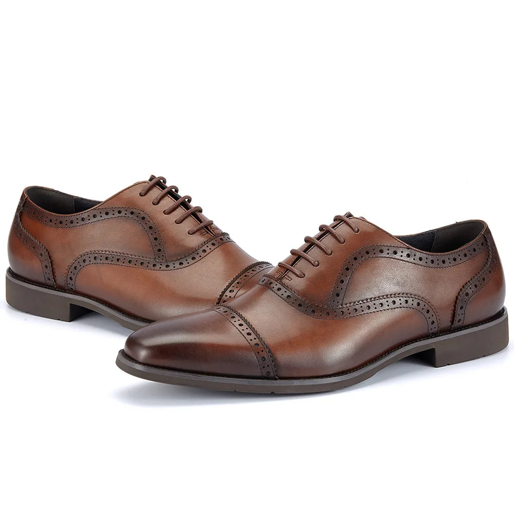 Men's Genuine Leather Brogue Oxfords, Business Formal Dress Shoes with Soft Rubber Sole