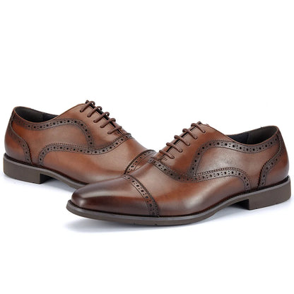 Men's Genuine Leather Brogue Oxfords, Business Formal Dress Shoes with Soft Rubber Sole