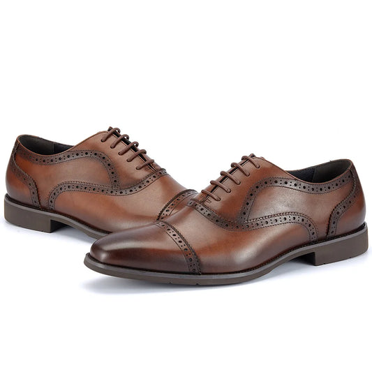 Men's Genuine Leather Brogue Oxfords, Business Formal Dress Shoes with Soft Rubber Sole