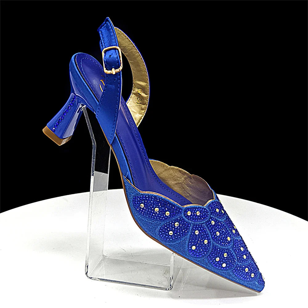 Women's Blue Color Heels with Rhinestone Accents & Matching Bag Set - Elegant Italian Fashion Pointed Toe Design