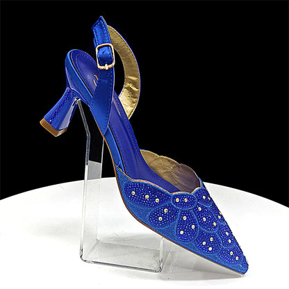 Women's Blue Color Heels with Rhinestone Accents & Matching Bag Set - Elegant Italian Fashion Pointed Toe Design