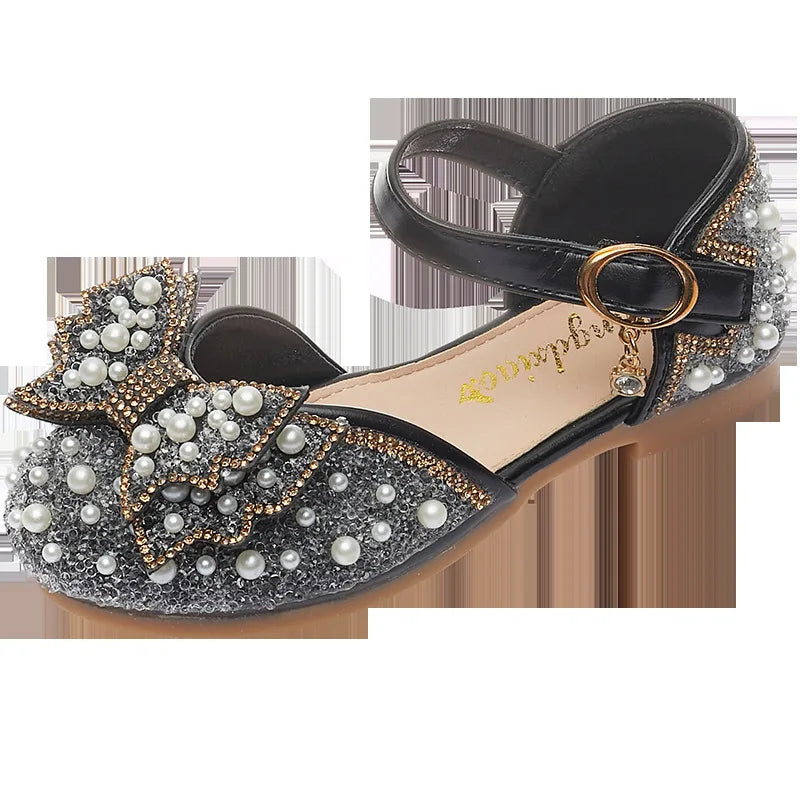 New Girl Sandals Cute Bow Pearl Sequins Kid Princess Shoes Flat Heels children Dancing Size 23-35