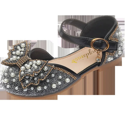 New Girl Sandals Cute Bow Pearl Sequins Kid Princess Shoes Flat Heels children Dancing Size 23-35
