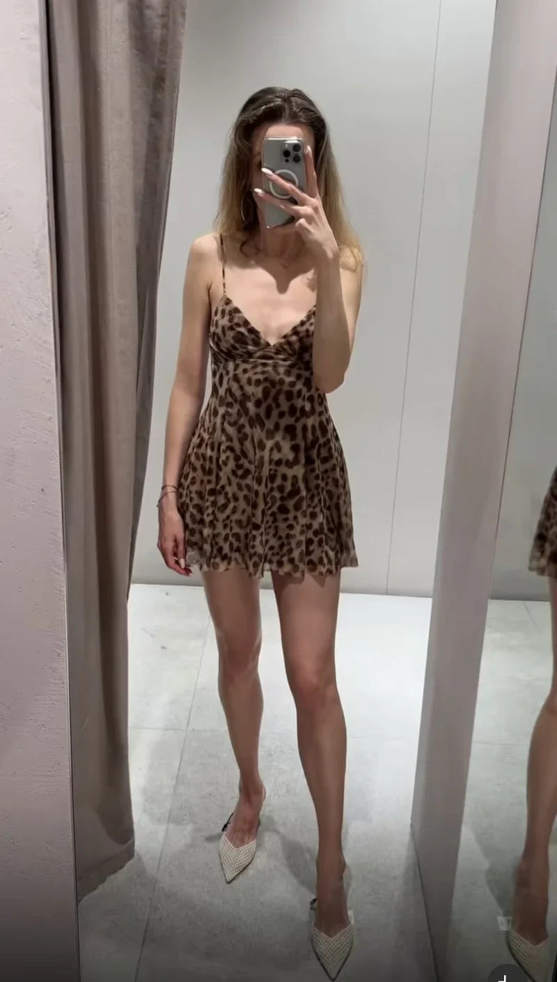 Women's vacation Style printed silk mesh sexy V-neck halter short Dress Hot Girl Dress
