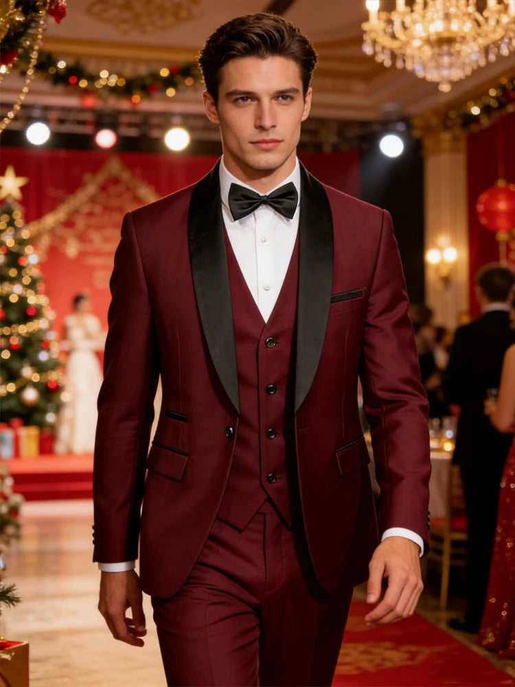Conjunto Masculino Terno 3 Peças Smoking Um Botão Gola Xale de Cetim Slim Fit Blazer Colete Calças Para Formal Negócios Casamento Noivo