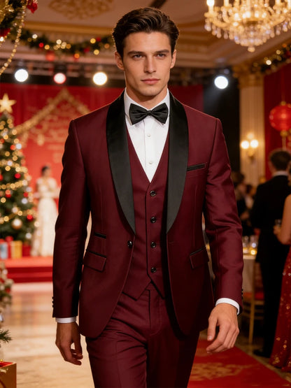 Conjunto Masculino Terno 3 Peças Smoking Um Botão Gola Xale de Cetim Slim Fit Blazer Colete Calças Para Formal Negócios Casamento Noivo
