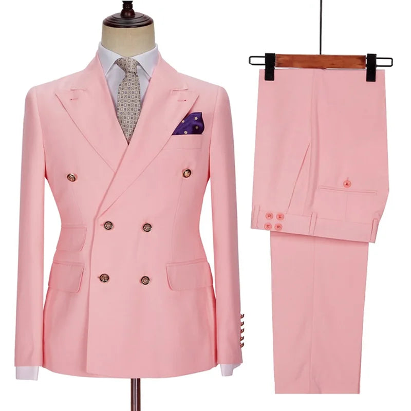 Men Suit 2 Pieces Beige Double Breasted Solid Color For Business Casual Wedding Groom Banquet Work Tuxedo Set Jacket With Pants