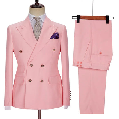 Men Suit 2 Pieces Beige Double Breasted Solid Color For Business Casual Wedding Groom Banquet Work Tuxedo Set Jacket With Pants