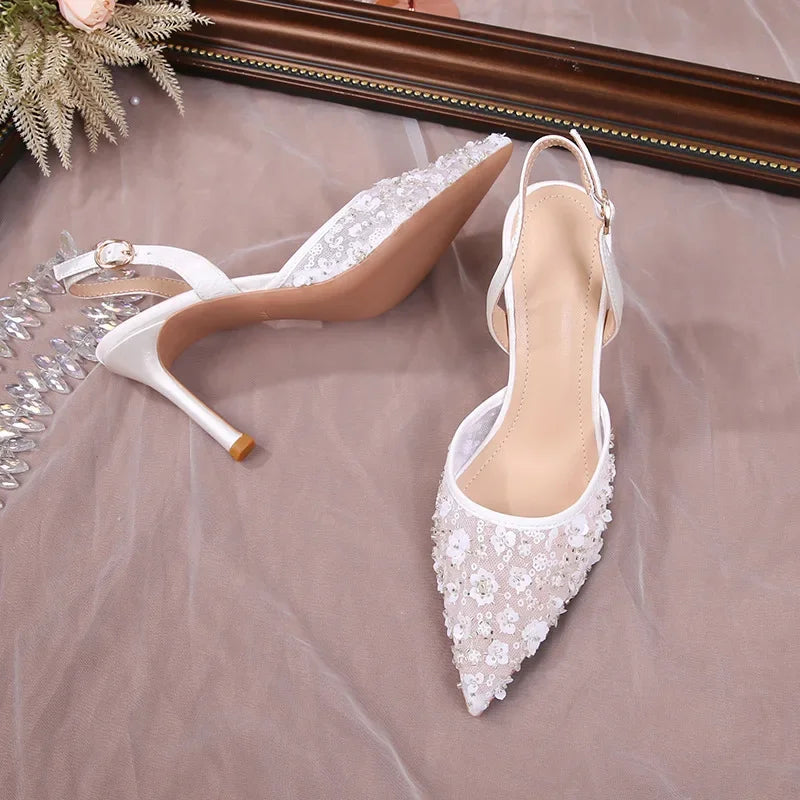 Size 34-42 2025 Summer Beaded High Heel Wedding Shoes Women Lace Mesh Party Dress Shoes