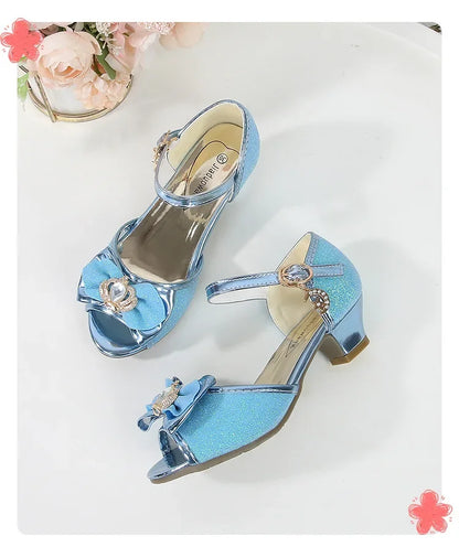 New Girl's High Heel Shoes for Kids Party Wedding Fashion Princess Causal Dress Shoes Sequins Versatile Children's Crown Sandals