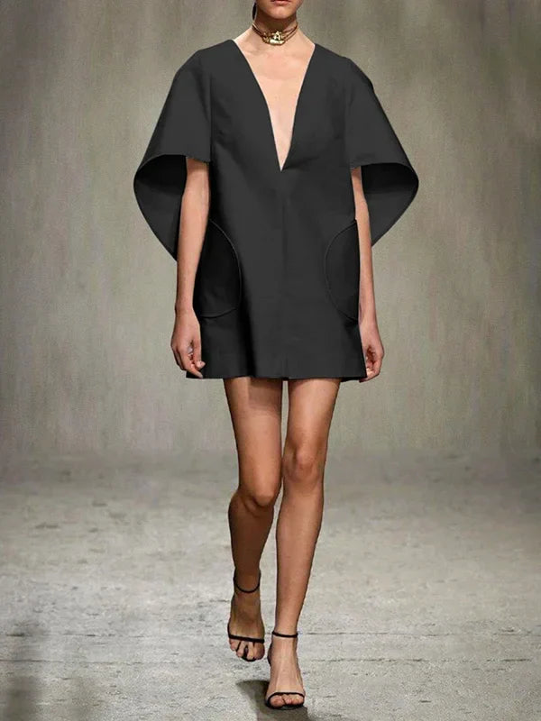 Fashion Black White Color Short Dress For Women 2025 New Spring Deep V-neck Half Sleeves Loose Prom Party Mini Dresses