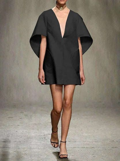 Fashion Black White Color Short Dress For Women 2025 New Spring Deep V-neck Half Sleeves Loose Prom Party Mini Dresses