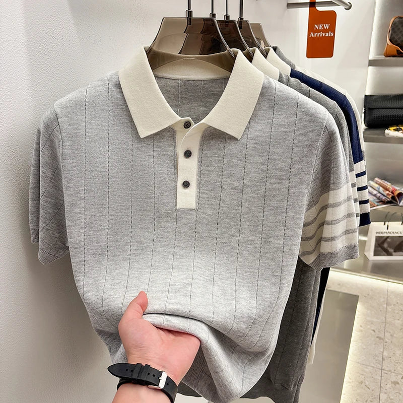 2026 Men's Short Sleeved Polo Shirt with High-end Feel, Summer Thin Design, Knitted Collar, Linen T-shirt As Base