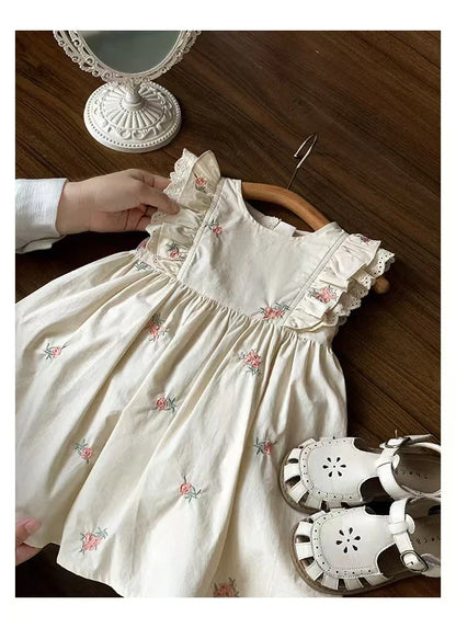 Summer Girls Dress Children's Clothing Bow Embroidered Flower Collar Girl's Dress Cartoon Printed Flying Sleeves Princess Dress