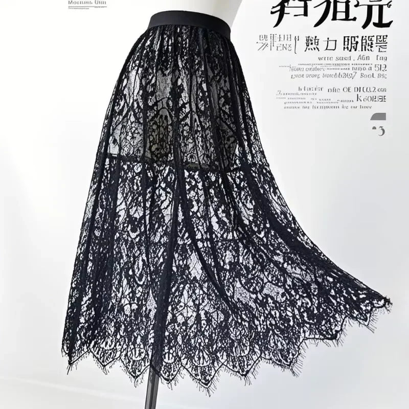 Transparent Sexy Lace Mesh Skirt Elastic High Waist Black White Tulle Mini Skirts Womens Skirt Korean Fashion Women's Skirt