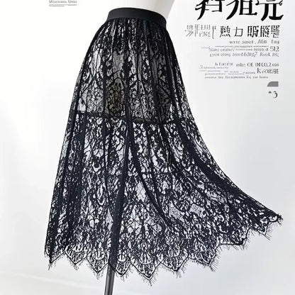 Transparent Sexy Lace Mesh Skirt Elastic High Waist Black White Tulle Mini Skirts Womens Skirt Korean Fashion Women's Skirt