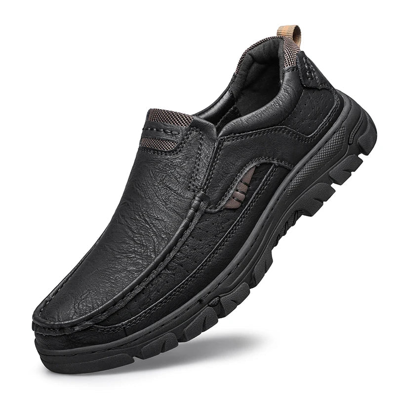 Men's Casual Loafers Handmade Breathable Leather Shoes with Thick Rubber Sole Comfortable Footwear Classic Hand Sewn Seams