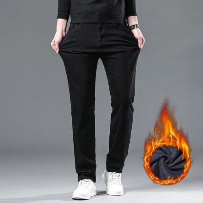 Winter Men Black Straight Stretch Denim Thick Velvet Pants Warm Jeans Casual Fleece Line Trousers Male Plus Size