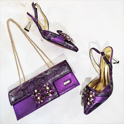 Design Italiano Borboleta Festa Casamento Sandália Bico Fino Slingback com Bolsa Conjunto Dourado