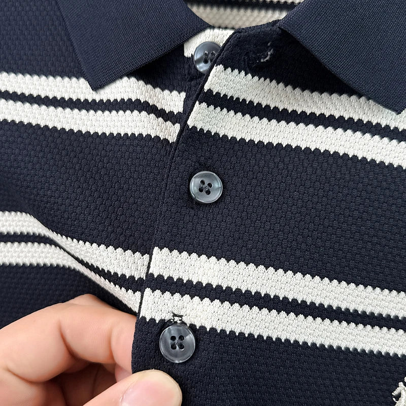 2026 New Men's Summer Short Sleeved Lapel Striped Polo Shirt, Business Casual Cool T-shirt