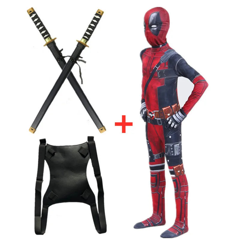 Deadpool Movie Superhero Costume for Kids Justice Hero Bodysuit Halloween Mask Performance Costume Toddler Party  with Toy Gift