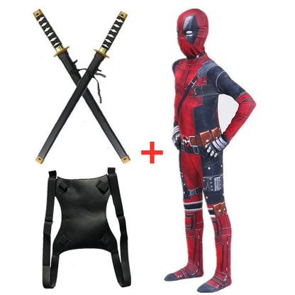 Deadpool Movie Superhero Costume for Kids Justice Hero Bodysuit Halloween Mask Performance Costume Toddler Party  with Toy Gift