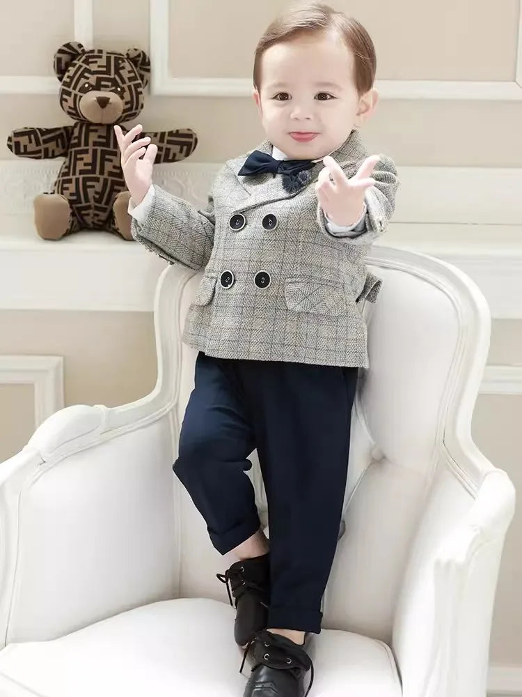 Children Photograph Suit Boys Jacket Pants Bowtie Flower 4PCS Wedding Suit NewBorn Kids Ceremony Party Tuxedo Dress Baby Costume