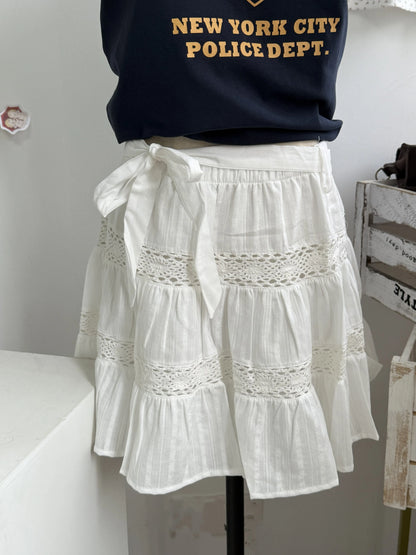 Lace Trim A-line Shirks Women New Cotton High Waist Elastic Ruffles Hem Sweet Mini Skirts Vintage Cute Streetwear Chic Falda