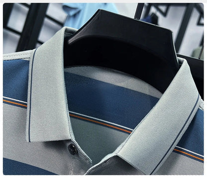 Light luxury striped color blocked short sleeve polo shirt brand symbol emboss high-end casual summer silky smooth men's T-shirt