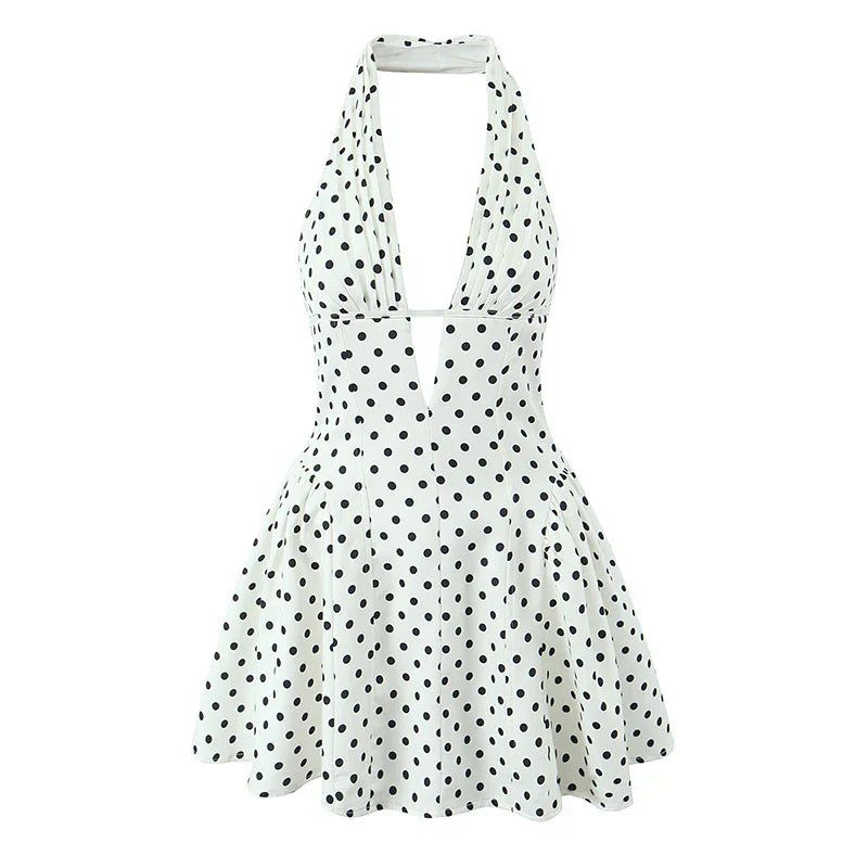 French Style Retro Polka Dot Deep V Halter Dress Women Sexy Backless A-line Slim Sweet Elegant Mini Dresses Summer Robe