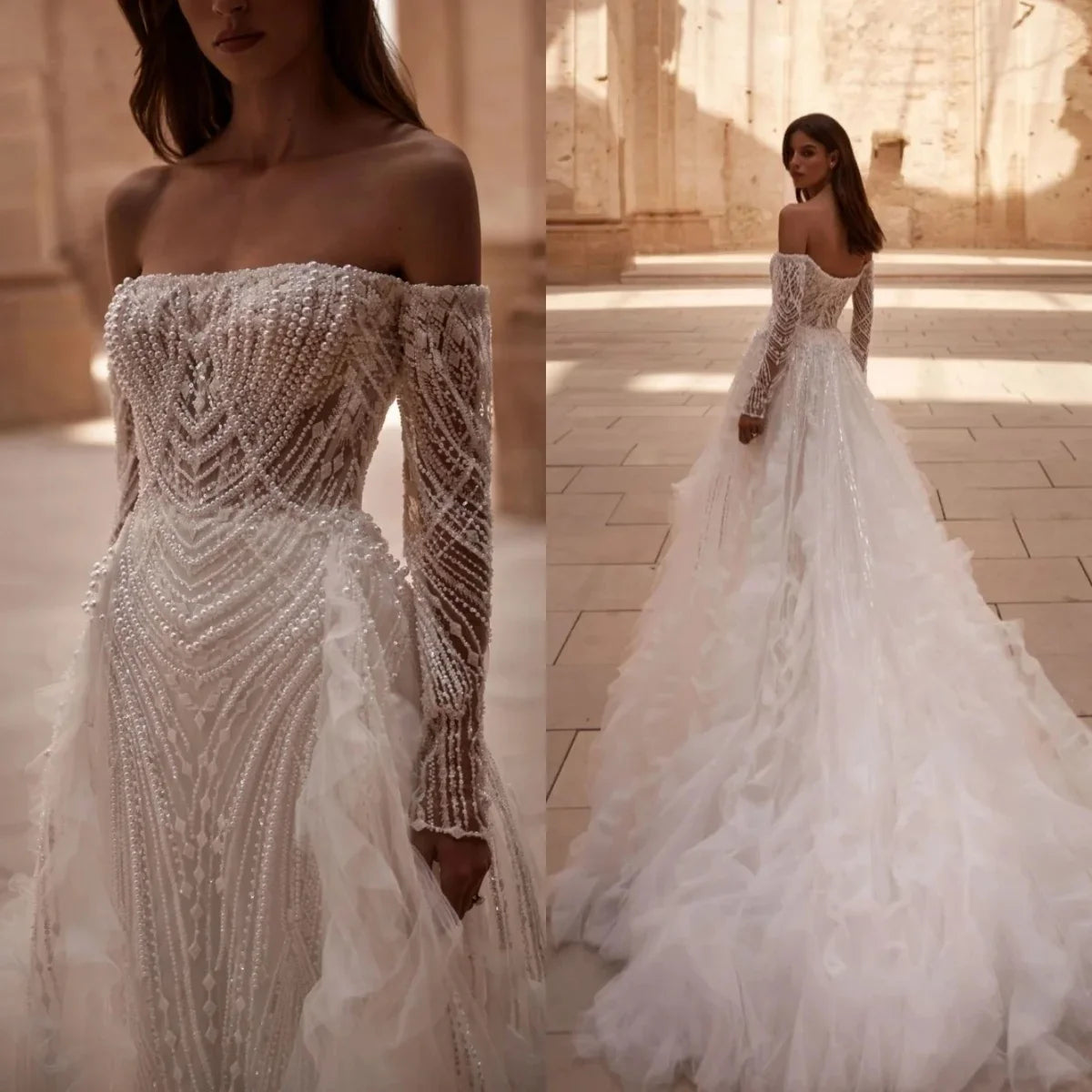 Luxury Pearls Wedding Dress Off Shoulder Bridal Gown Detachable Train Sequins Bride Dresses Backless Customized Vestido de novia