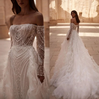 Luxury Pearls Wedding Dress Off Shoulder Bridal Gown Detachable Train Sequins Bride Dresses Backless Customized Vestido de novia