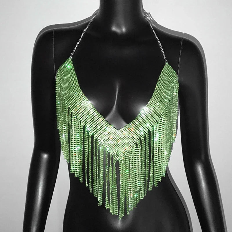 Bling Rhinestones Tassel Party Crop Top Woman Fashion Halter Neck Backless Design Full Diamond Sequins Nightclub Clubwear
