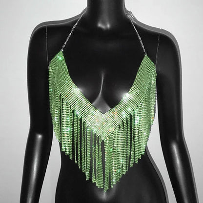 Bling Rhinestones Tassel Party Crop Top Woman Fashion Halter Neck Backless Design Full Diamond Sequins Nightclub Clubwear