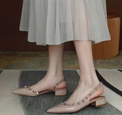 High-quality fashionable high-heeled shoes. Women's retro rivet pointed-toe patent leather casual comfortable office sandals