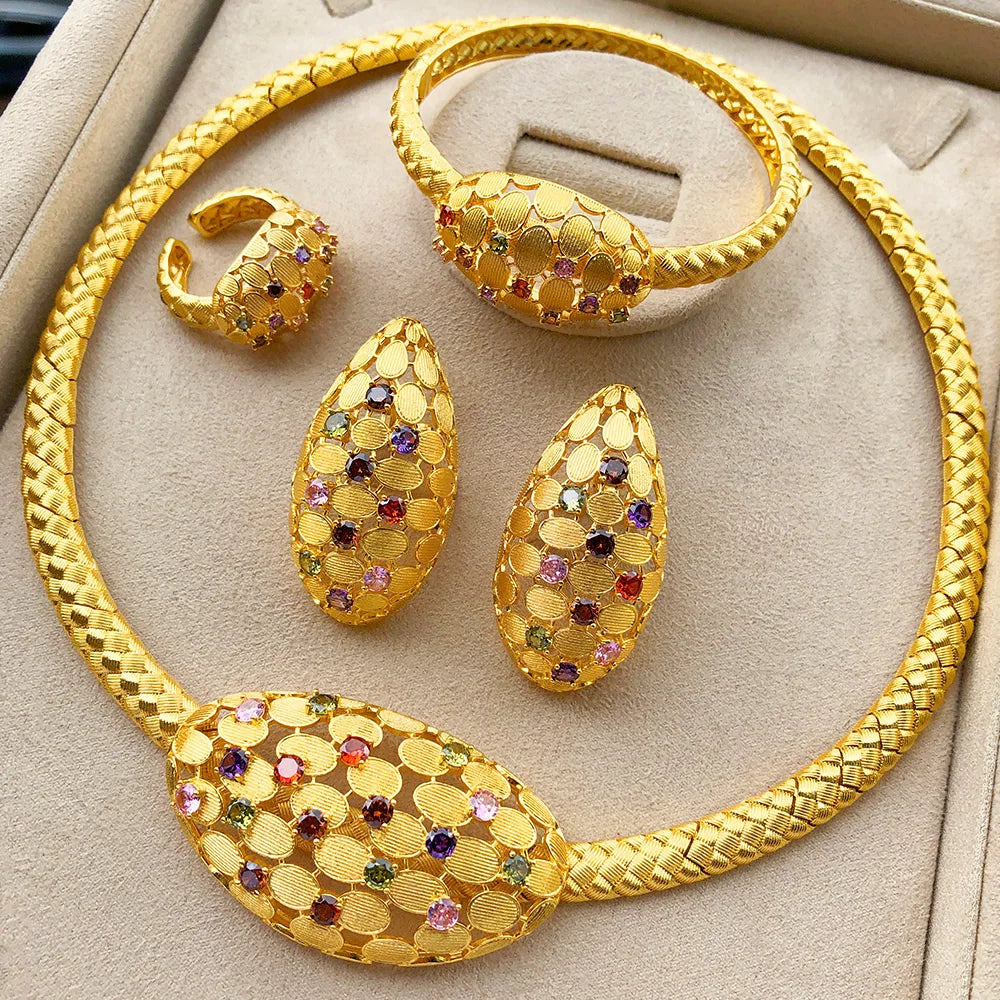 Luxury FLower Floral 4PCS DUBAI Jewelry Sets For Women Wedding Cubic Zircon Crystal CZ Indian African Bridal Jewelry Sets