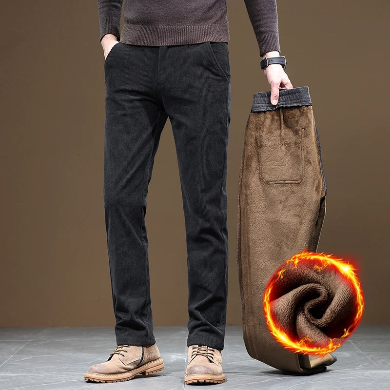 2025 New Winter Fleece Warm Corduroy Pants Men Business Fashion Slim Fit Stretch Thicken Gray Khaki Fluff Casual Trousers Male