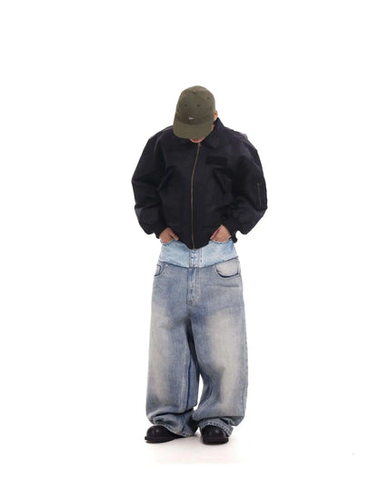 Niche Colorblock Patchwork Wide Leg Blue Jeans Men's Spring 2025 New Straight Double Waist Design Denim Trousers 28W6048